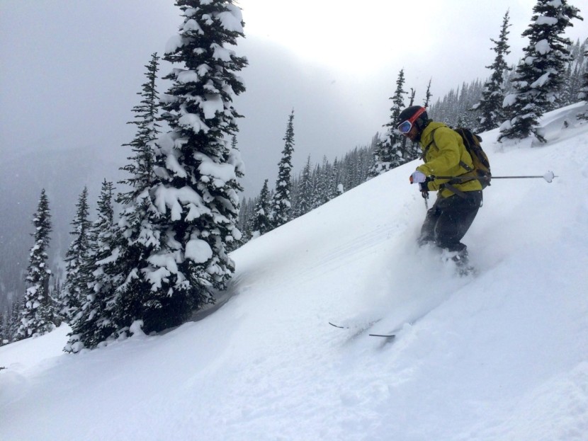 patagonia pluma - skiing steep trees on roger's pass in british columbia on a storm...
