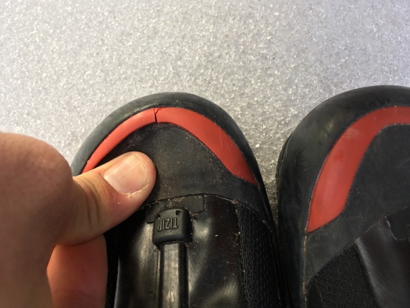 arc'teryx acrux ar - damage to our second boot after one day of ice cragging, the rand is...