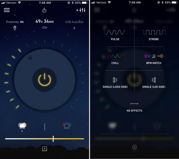 biolite baselantern xl - the user interface of the baselantern xl app (for ios). on the left...