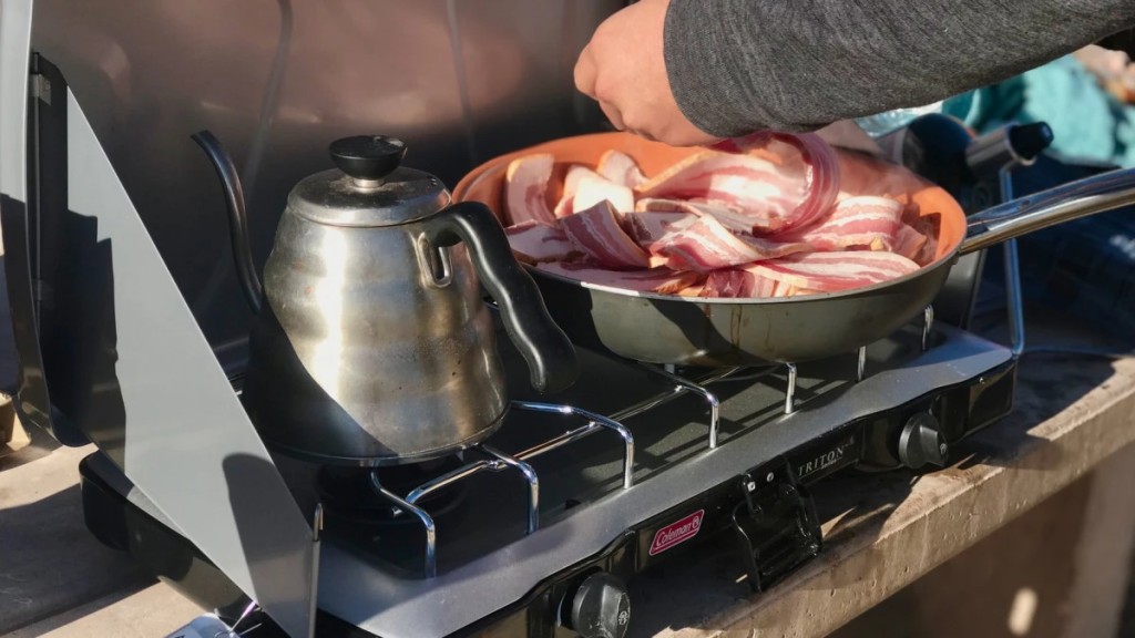 camping stove - pour over coffee and a mountain of bacon (veggie bacon), what else...