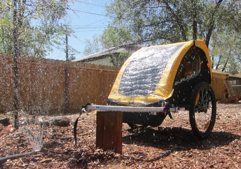 bike trailer - the burley bee stood up great in our 5-minute sprinkler challenge...