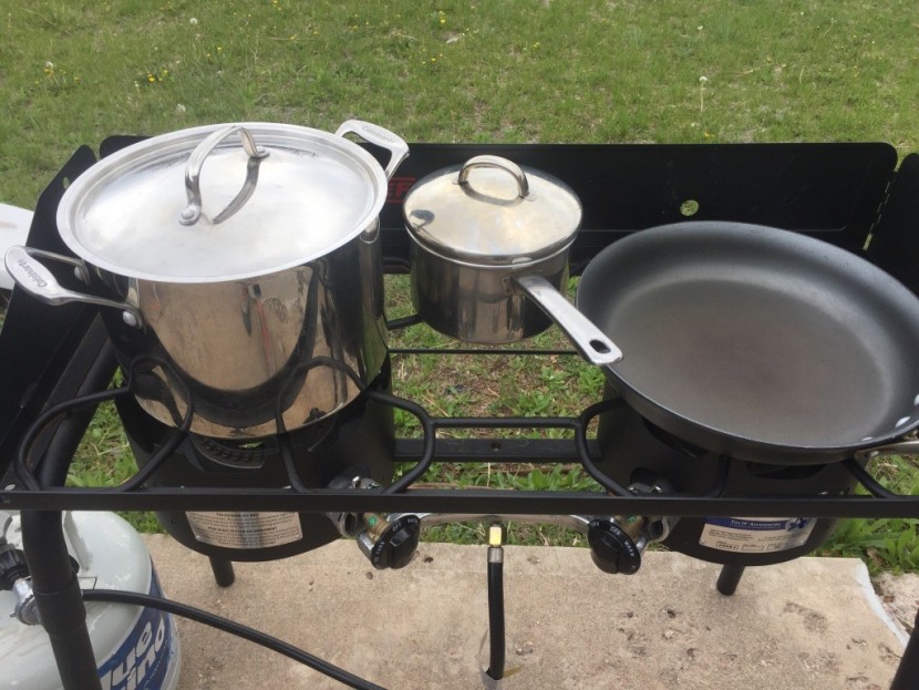 camp chef explorer 2-burner - this stove wasn't phased a bit by giant pots and pans. and while...