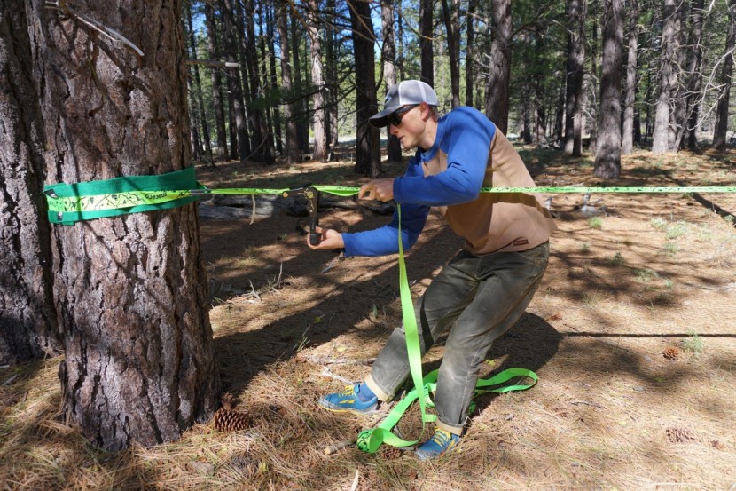 slackline - using a ratchet to tension your line makes setup easy for a single...