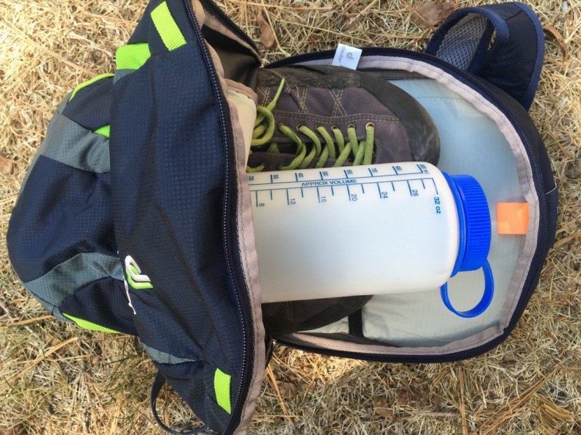 deuter gravity pitch 12 - a pair of size 10 approach shoes and a nalgene bottle quickly fill...
