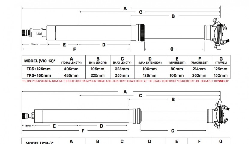 dropper seatpost - example of an online size and measurements chart.