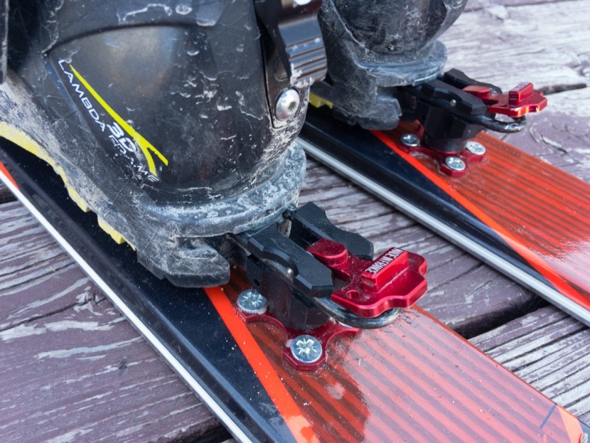plum race 150 - plum tech binding heels in ski mode. these are minimalist bindings...