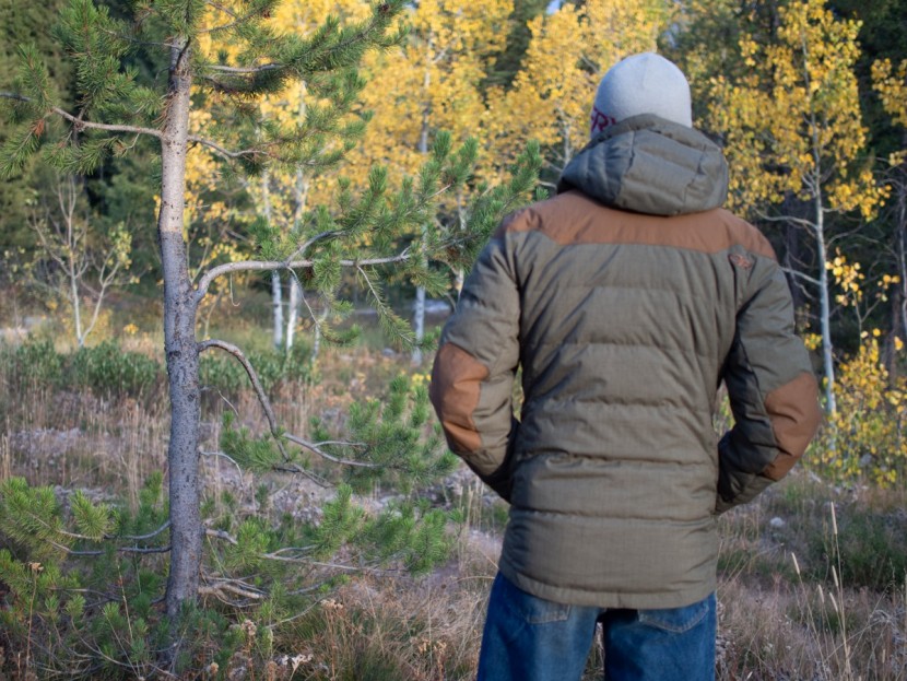 outdoor research whitefish down jacket - careful tailoring makes for a form-fitting rear profile.