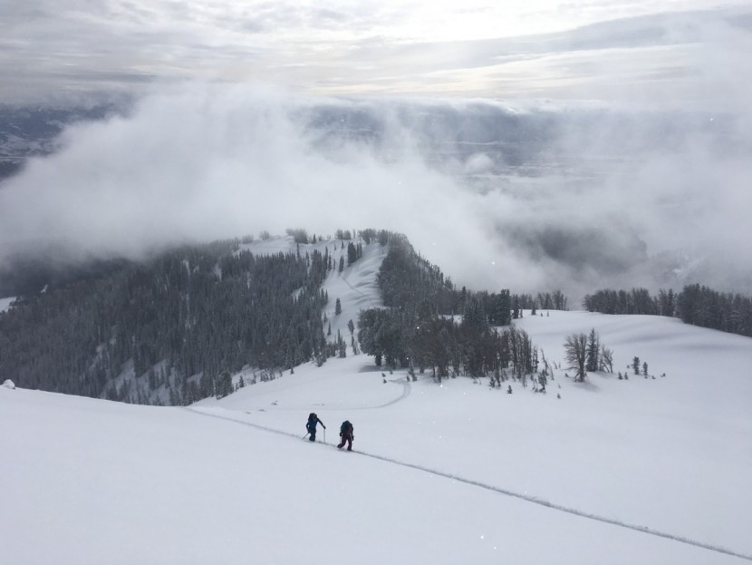 black diamond ultralite mix sts - powder skinning in a clearing storm high in wyoming's tetons.