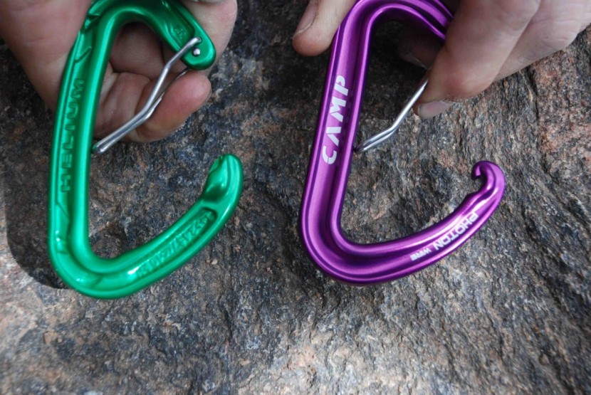 wild country helium carabiner - the advantage of the helium (left) over the photon wire (right) is...