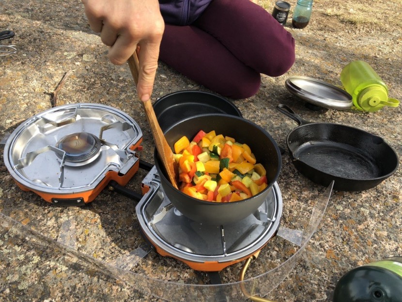 jetboil genesis basecamp - the barely visible plastic windscreen on this stove is sufficient...