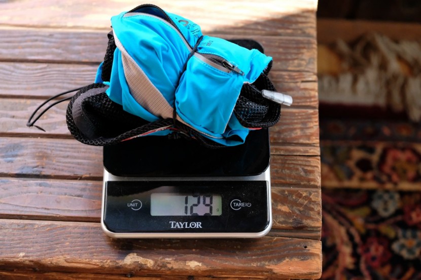 salomon s/lab sense ultra 5 set - the s/lab is by far the lightest vest we tested (shown here being...