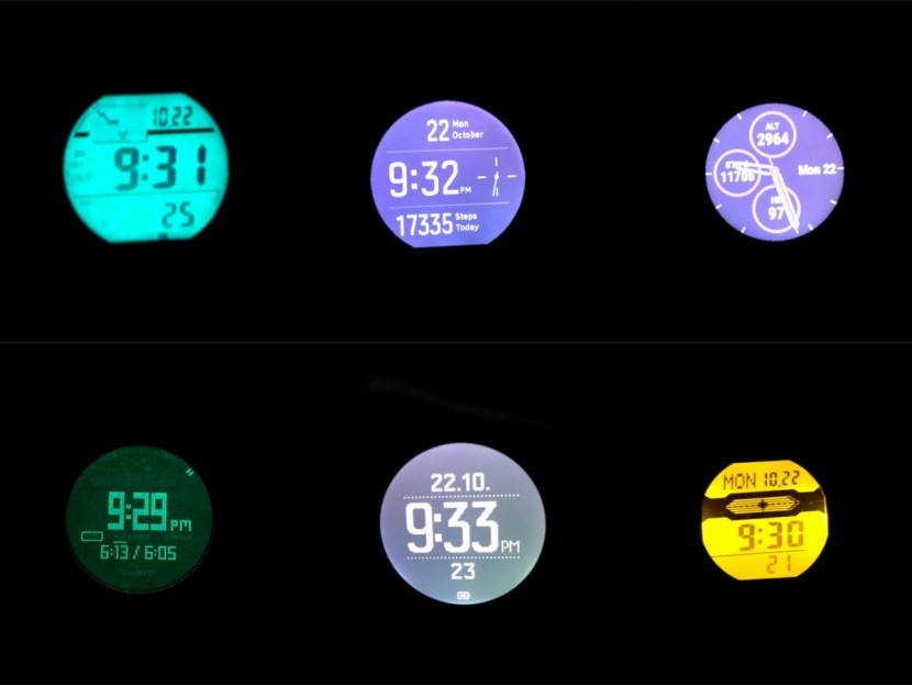 garmin fenix 5x plus sapphire - backlight displays of several contenders (clockwise from top left):...