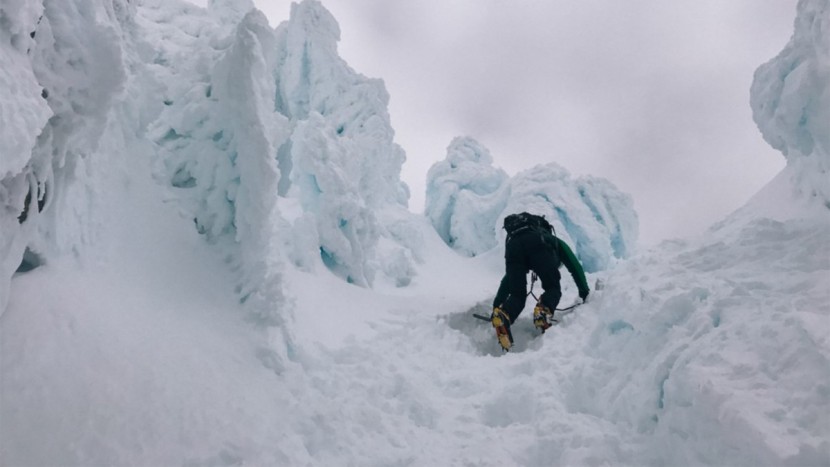 long underwear men - just below the howling winds atop the summit of mt. hood on a winter...