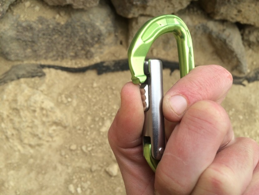 locking carabiner - unlocking the gate simply requires sliding the small slider down...