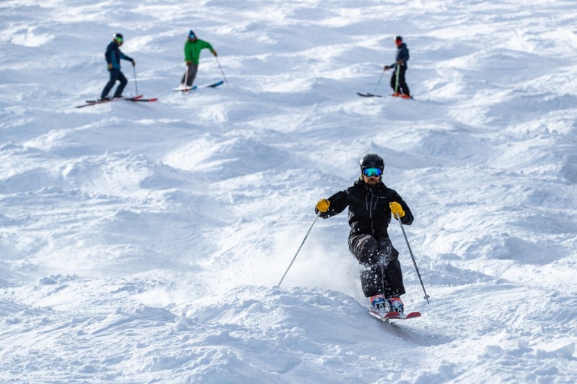 volkl m5 mantra - one of our testers on the m5 mantra mashing bumps, while the rest...