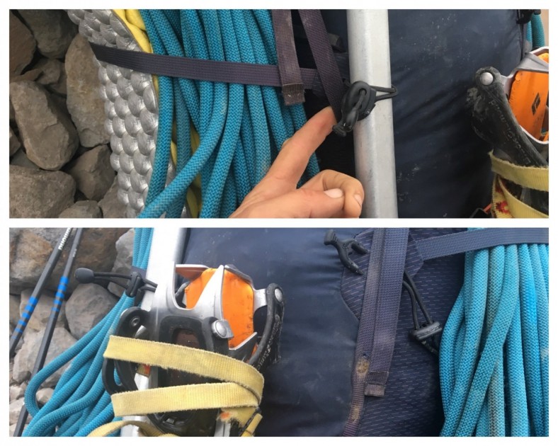 osprey mutant 38 - the pack's closure system perfectly overlaps the axe shaft...