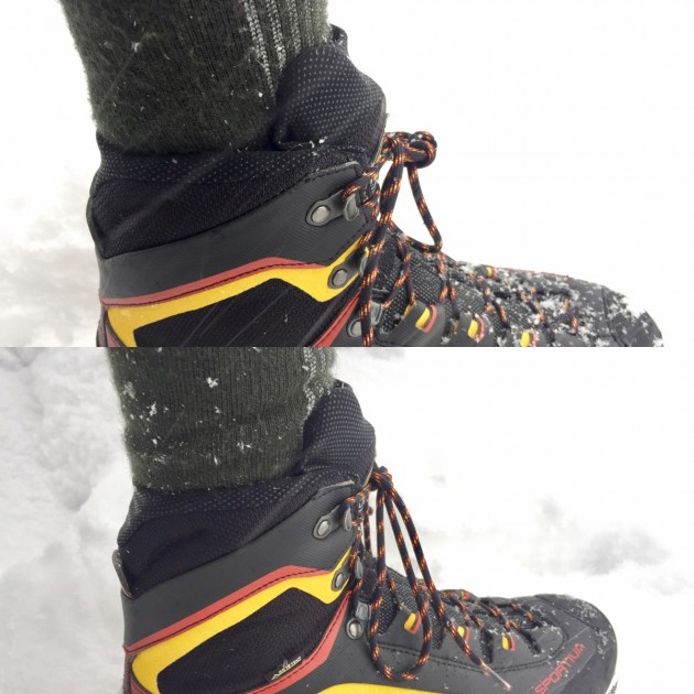 la sportiva trango tower extreme gtx - the gasket-style cuff, shown here from the inside (top) and outside...