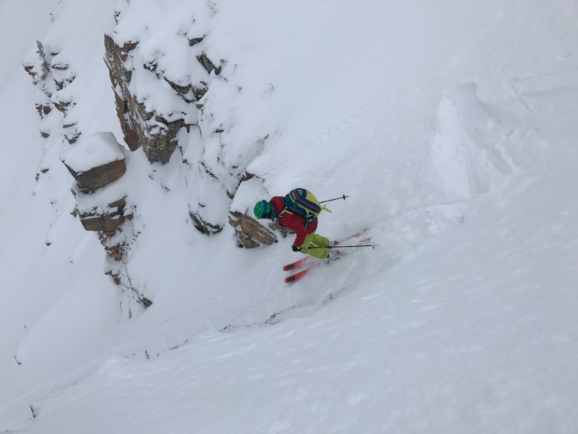 plum guide xs stopper - straight-line steep powder skiing on plum guide bindings on a teton...