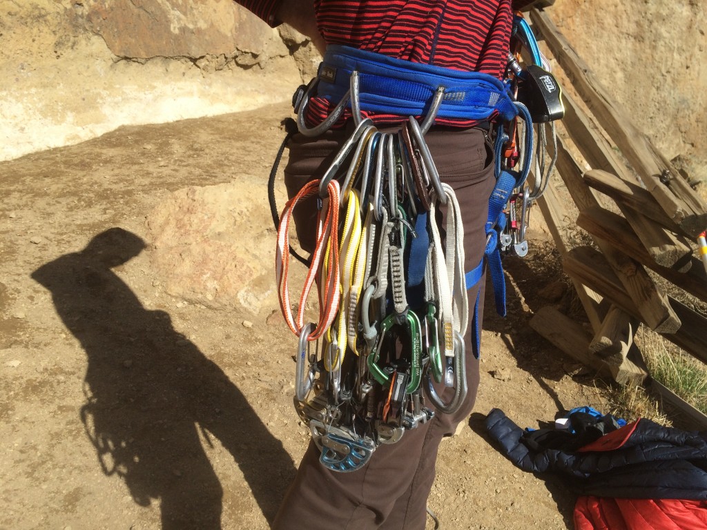 trango low bulk 11mm sling - with the perfect rack all placed in order on his harness, including...