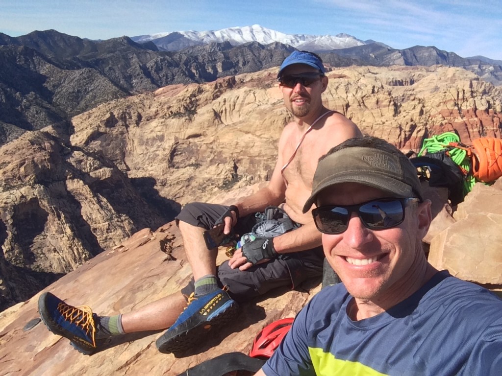 climbing slings - stefan and andy on the summit of mt. wilson after a successful sling...