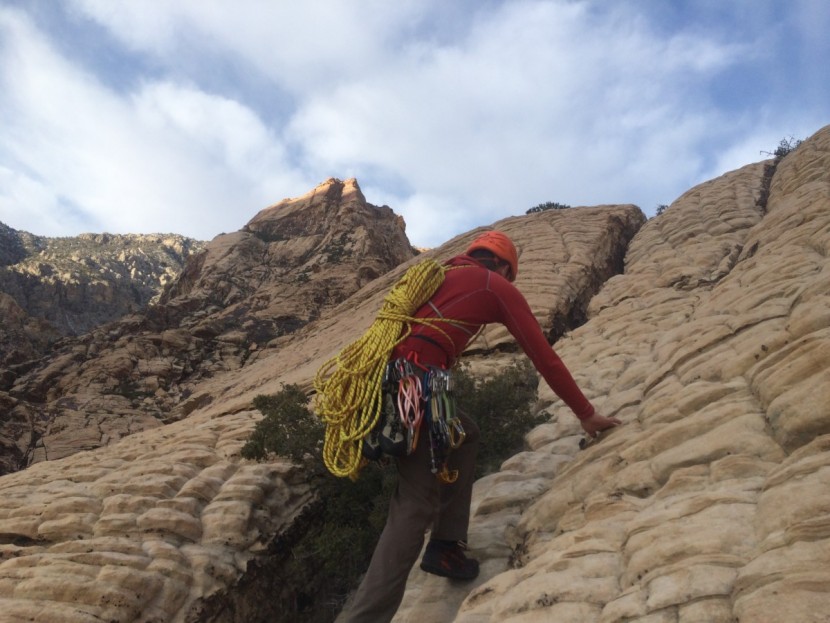 climbing slings - approaching the eagle wall in red rocks involves scrambling for many...