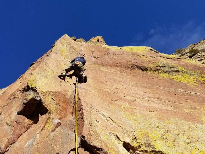 climbing slings - leading the first finger crack pitch of the naked edge in eldorado...