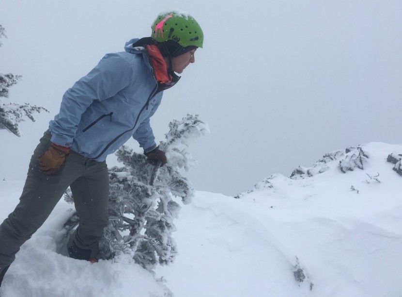arc'teryx zeta sl for women - peering into the entrance of the slot couloir in notoriously wet...