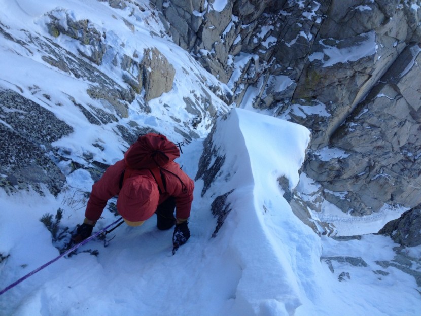 mountaineering boot - jared leaving the granite for the snow on a cold day.