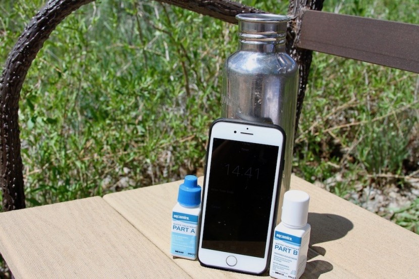 aquamira water treatment drops - starting to count down the treatment time before we can take a sip...