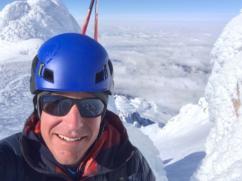 climbing helmet - nearing the summit of mt. hood, oregon's tallest mountain, on a ski...