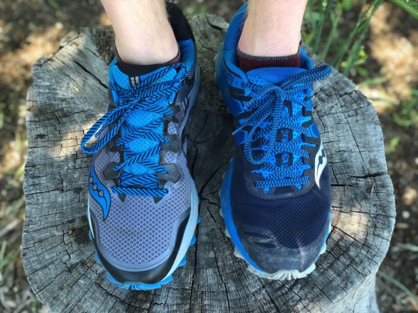 saucony peregrine iso - showing the last two versions, with the peregrine iso in dark blue...