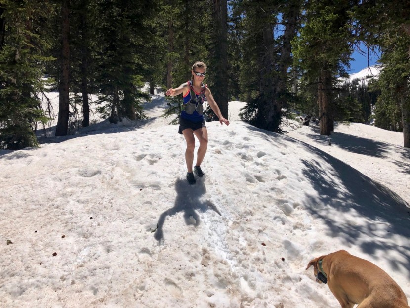 running socks - joanne practices her glacading on a small hill while noting which...