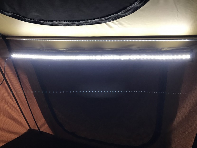 smittybilt overlander - an led light strip attaches to the inside of the tent using velcro...