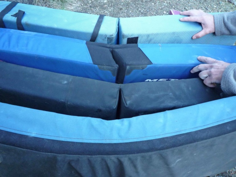 bouldering crash pad - from top to bottom, we have a traditional hinge, an angled hinge, a...
