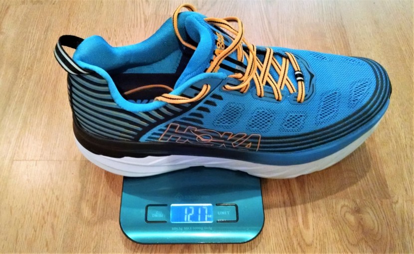 hoka bondi 6 - 24.3 ounces in a pair of men's 11 puts these on the heavier side...