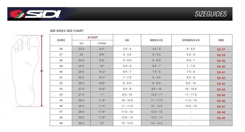 cycling shoes - this may vary from brand to brand, but sidi's bike shoes size chart...