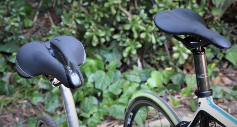 bike saddle - the difference between a thick, comfort-oriented saddle (left) and a...