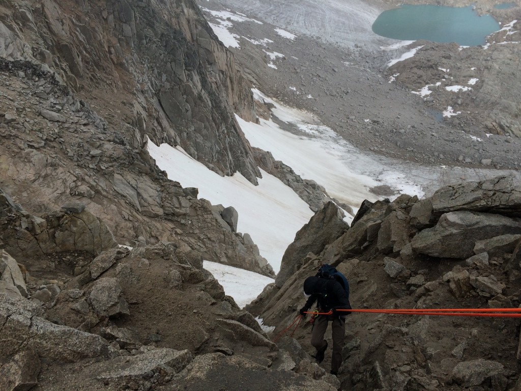 mad rock gemini - descending the bugaboo-snowpatch col in the bugaboos in late summer...