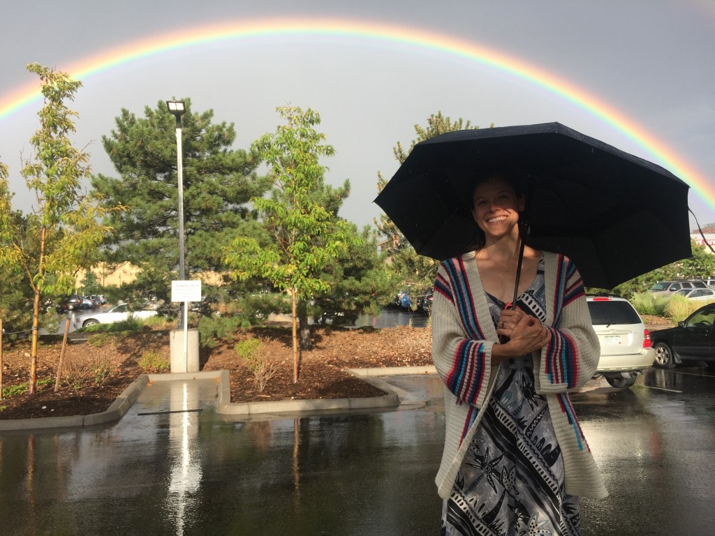 amazon basics automatic travel - sara with a lucky rainbow!