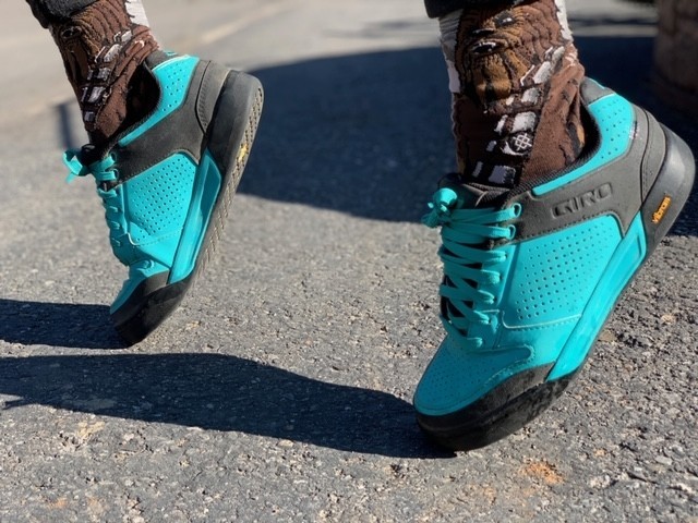 giro riddance for women - these shoes are so rigid the toes do not bend. pretty easy to get on...