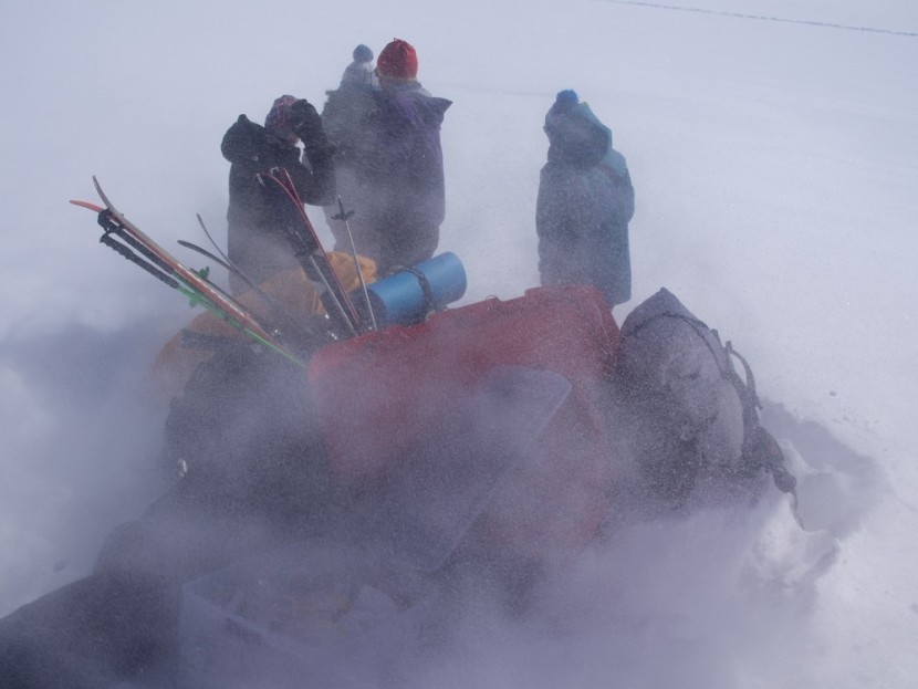 wild things gear mule - gritty. blustery weather, huge pile of gear, cold faces, unknown...