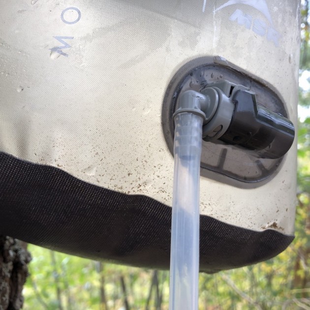 backpacking water filter - the space between the bottom of the bag and the intake provides a...