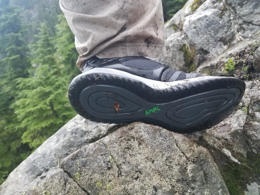teva terra-float churn it up - the flat sole is decent for sticking to hard, smooth surfaces, but...