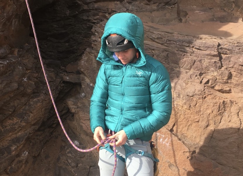 arc'teryx cerium sv hoody for women - keeping warm as we tie in at the crag, the cerium sv provides.