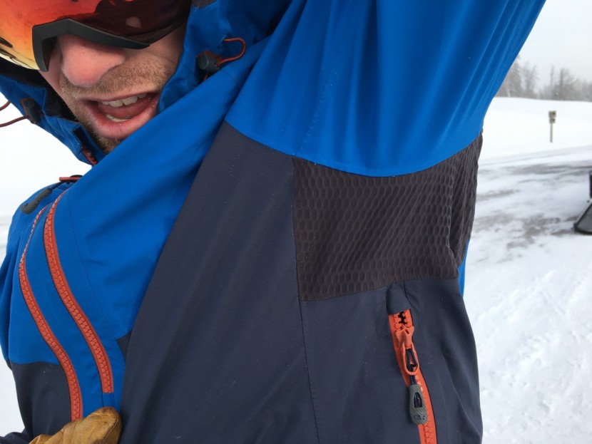 outdoor research hemispheres jacket - stretchy panels under the arms, around the back, and in the hood...