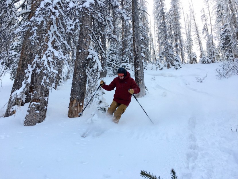 patagonia primo puff - lead editor jeff dobronyi ripping some pow turns on a cold day.