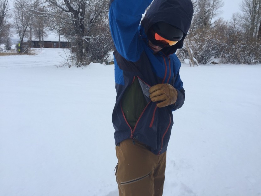 outdoor research hemispheres jacket - long vents along the side body allow great airflow for uphill travel.