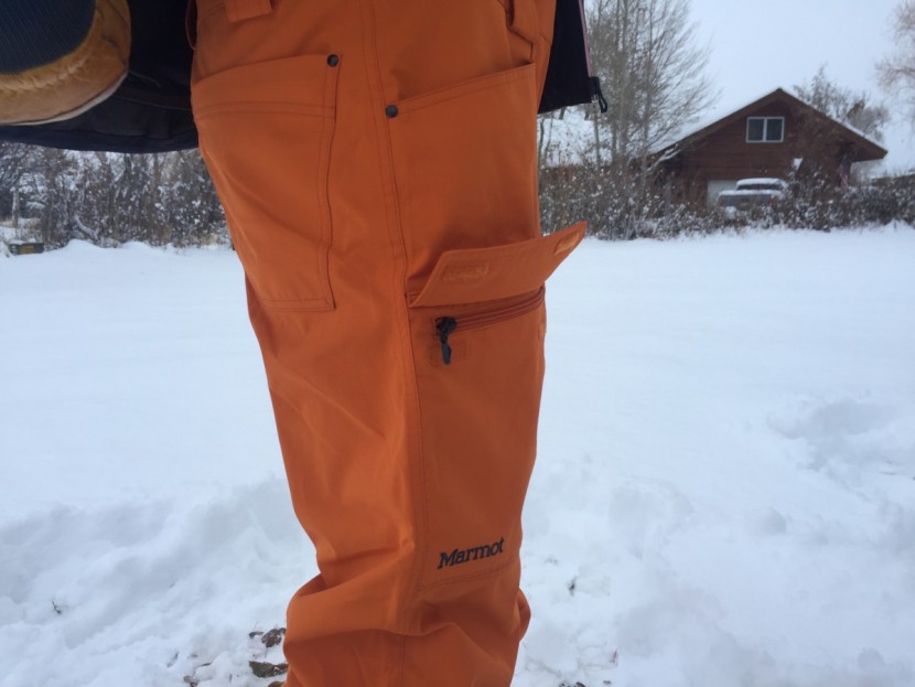 marmot discovery bib - a closer look at the pocket design. pictured are the thigh cargo...
