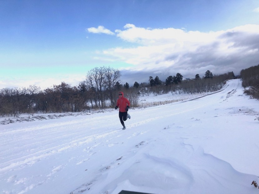 outdoor research refuge air hoody for women - here we take a snowy run. the breathable nature of the jacket makes...