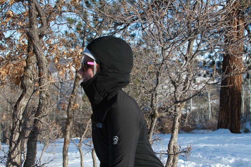 the north face summit l3 ventrix 2.0 hoodie for women - a side profile. it also has a hood cinch on the back for a more...